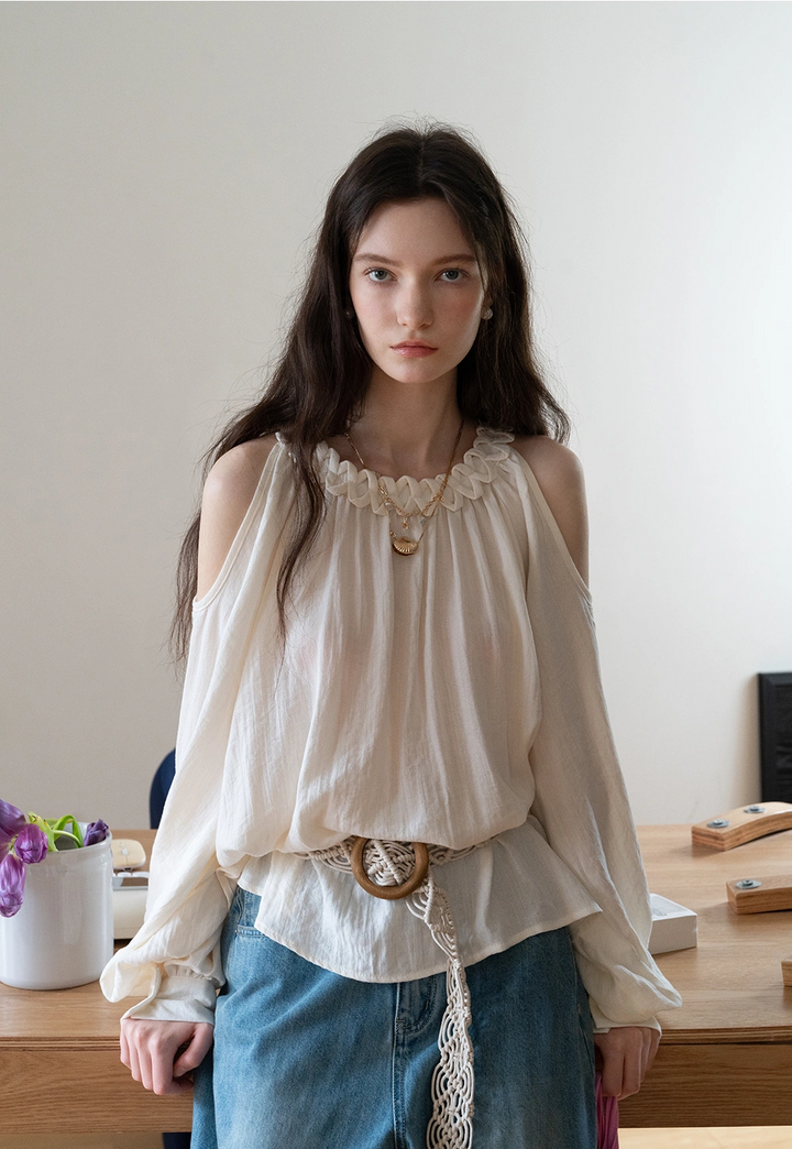 Ruffled Cold-Shoulder Long Sleeve Blouse