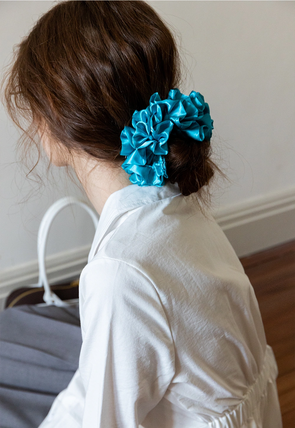 French Satin Pleated Flower Pom-Pom Hair Tie