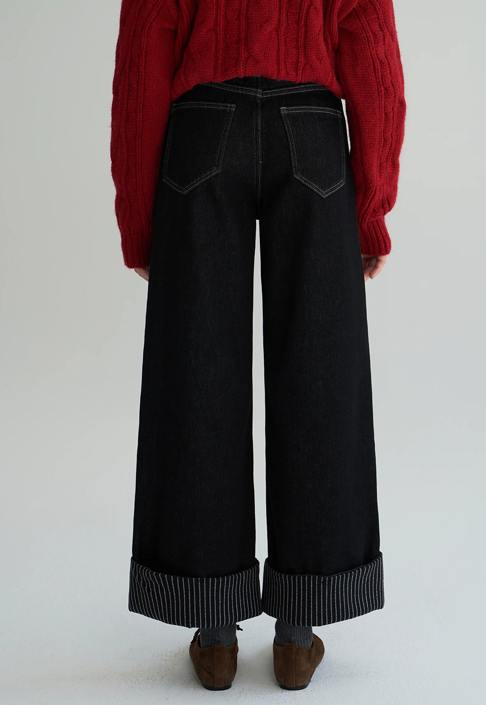 Striped Cuffed Fleece-Lined Straight Leg Jeans