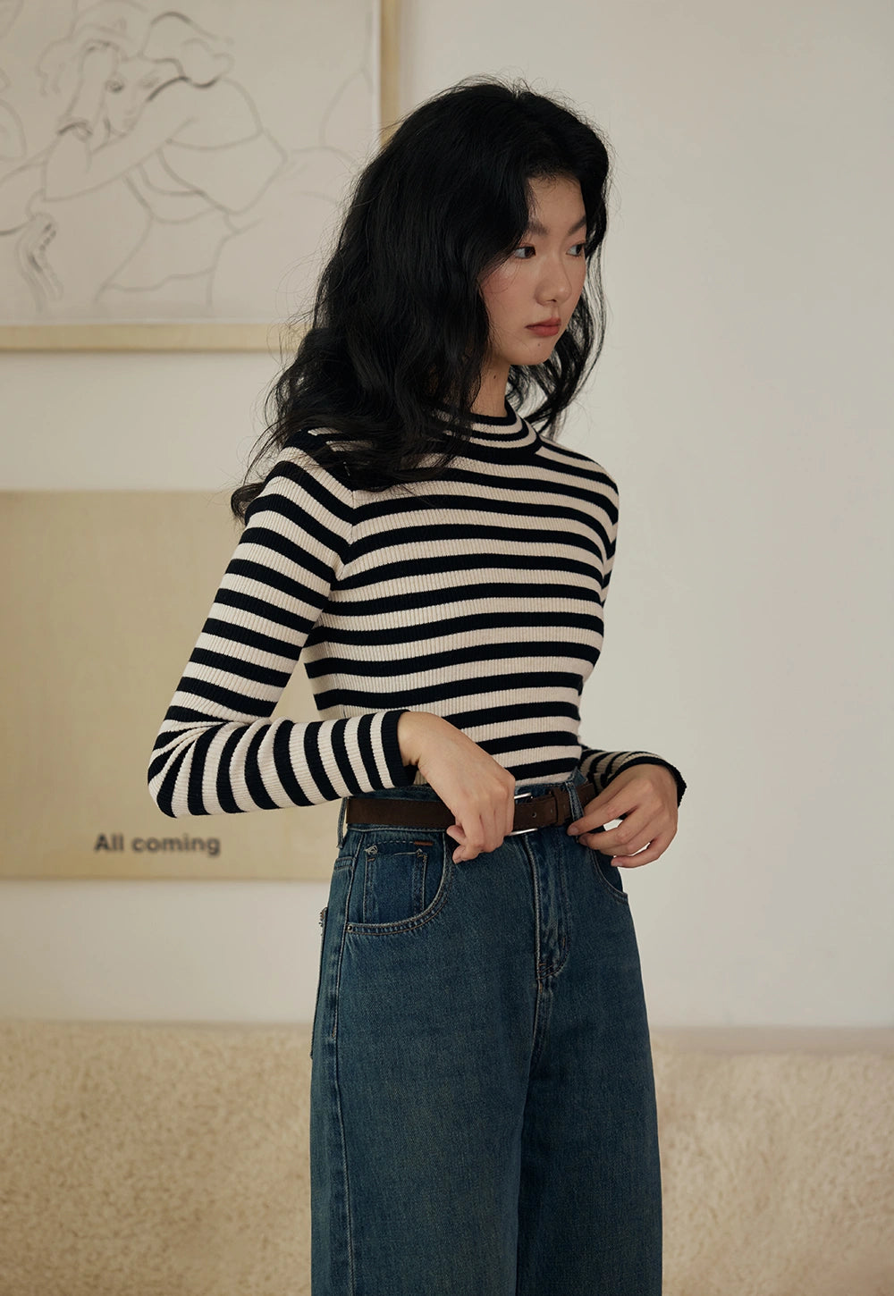 Women's Striped Long-Sleeve Mock Neck Ribbed Knit Top