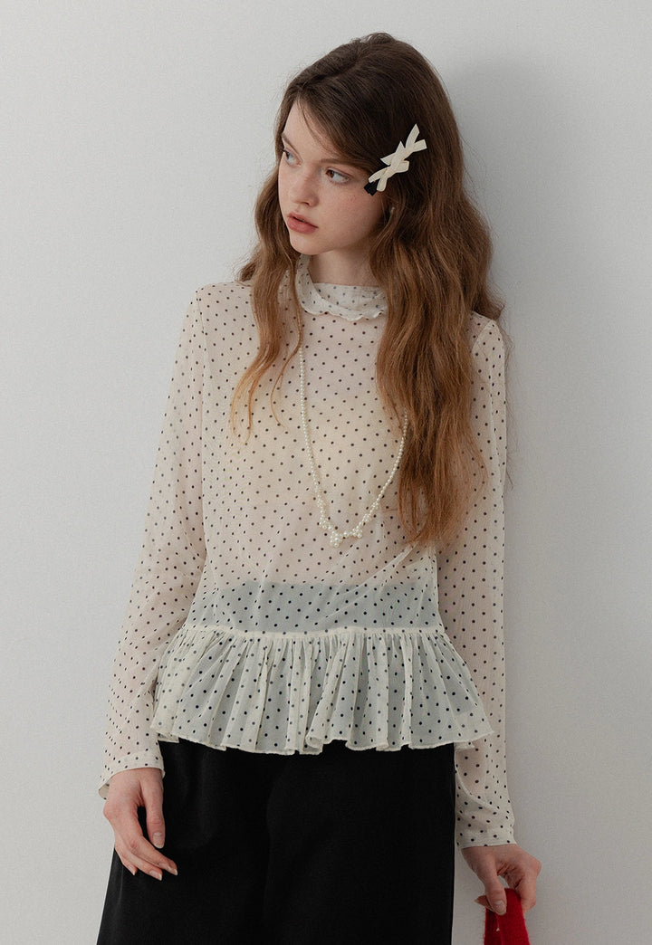 Women's Polka Dot Ruffle Blouse with Pearl Detail