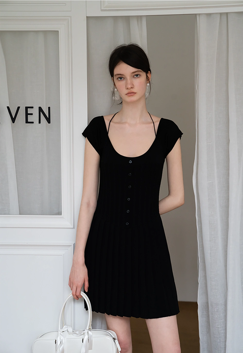 Button-Up Knit Dress with Pleated Skirt