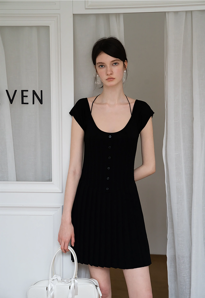 Button-Up Knit Dress with Pleated Skirt