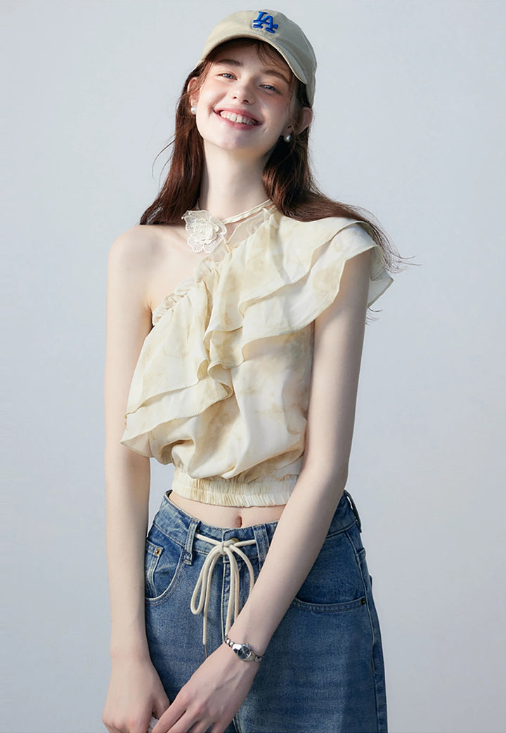 Women's One-Shoulder Ruffle Top with Tie-Dye Print