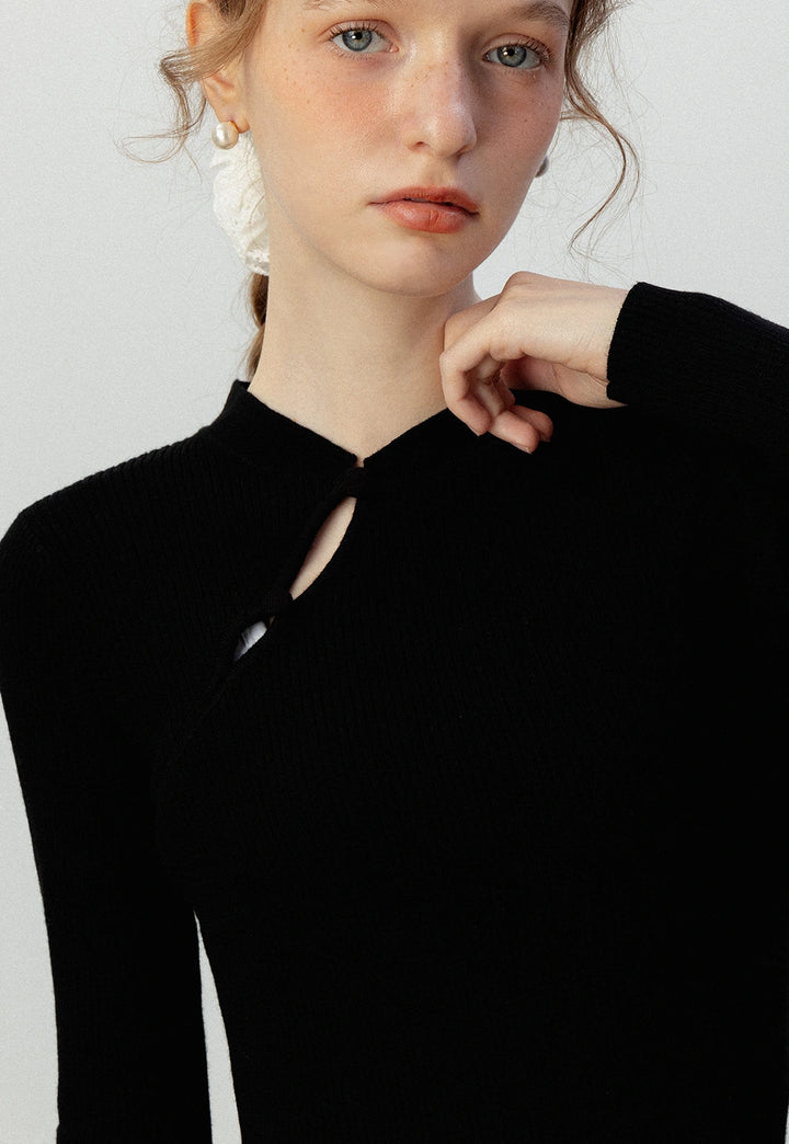 Asymmetrical Cut-Out Ribbed Long Sleeve Knit Top