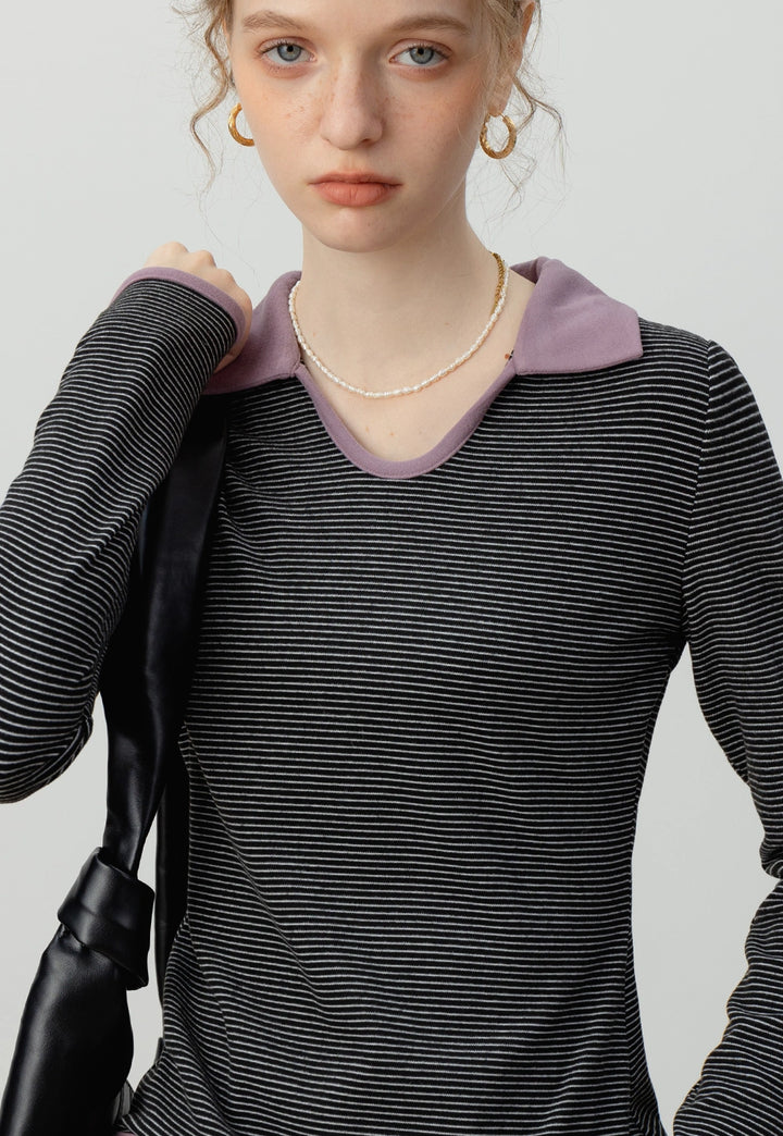 Striped Long-Sleeve Top with Collar