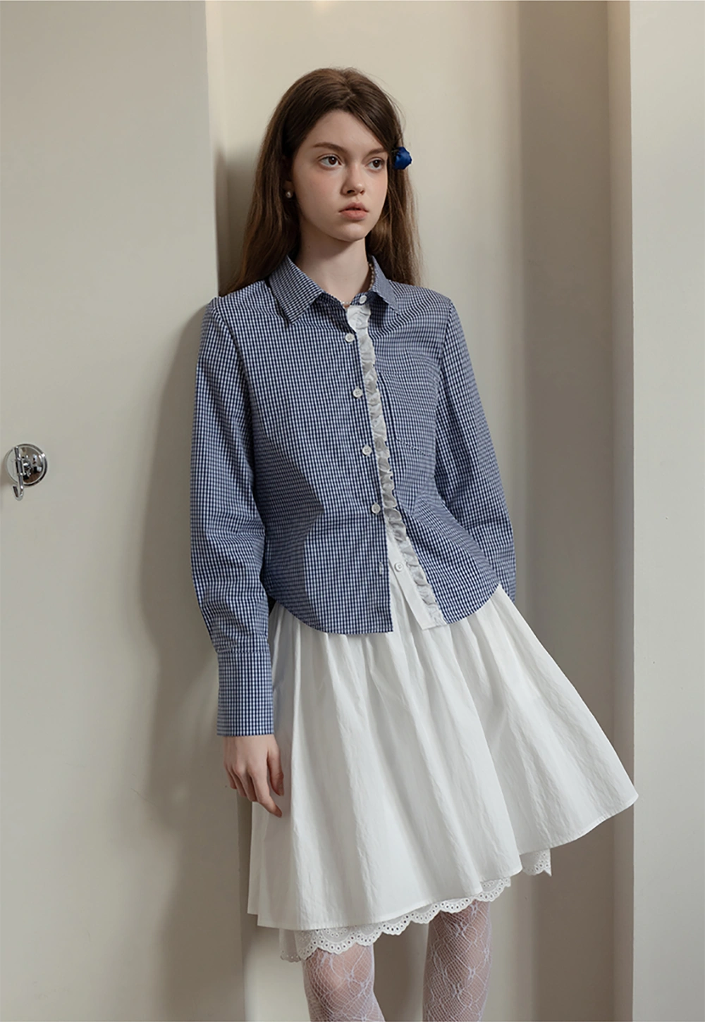 Women's Gingham Ruffle Trim Long Sleeve Shirt