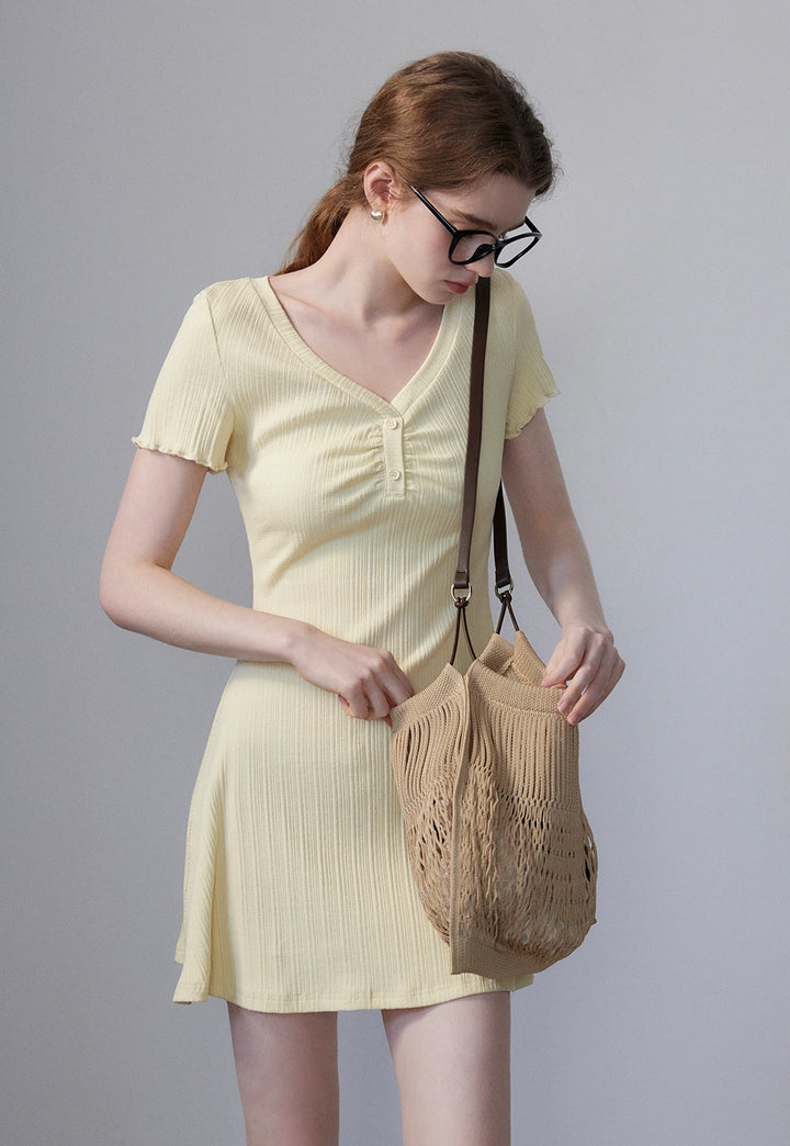 Women's Short-Sleeve Ribbed Dress with Button Detail