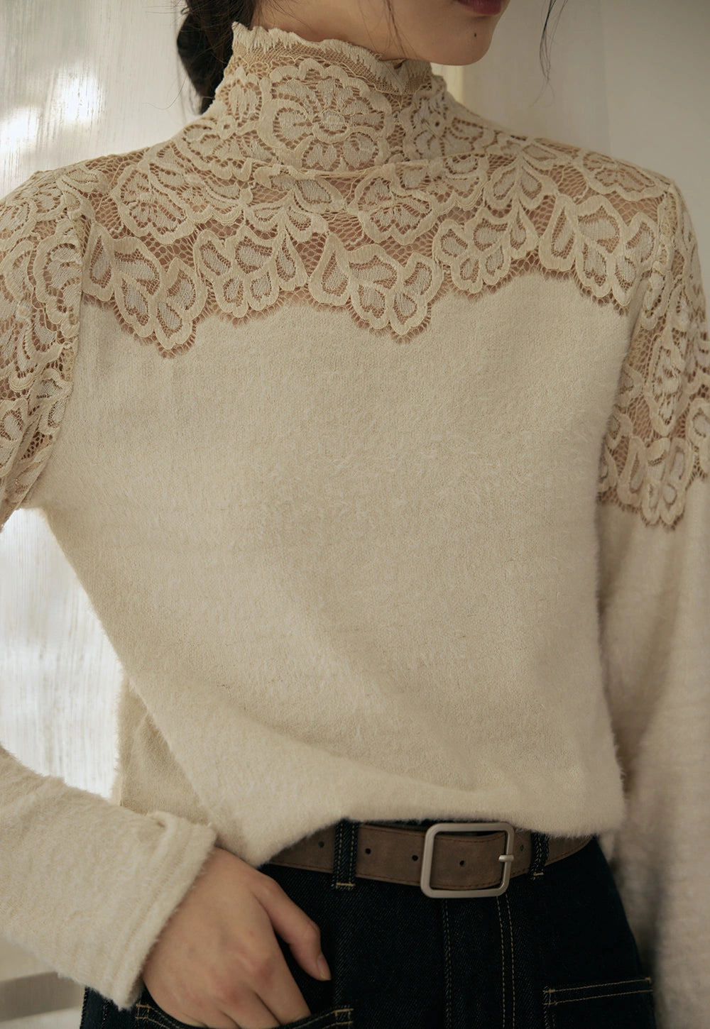 Lace Detail Mock Neck Sweater