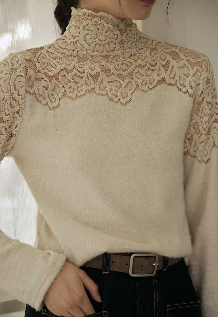 Lace Detail Mock Neck Sweater