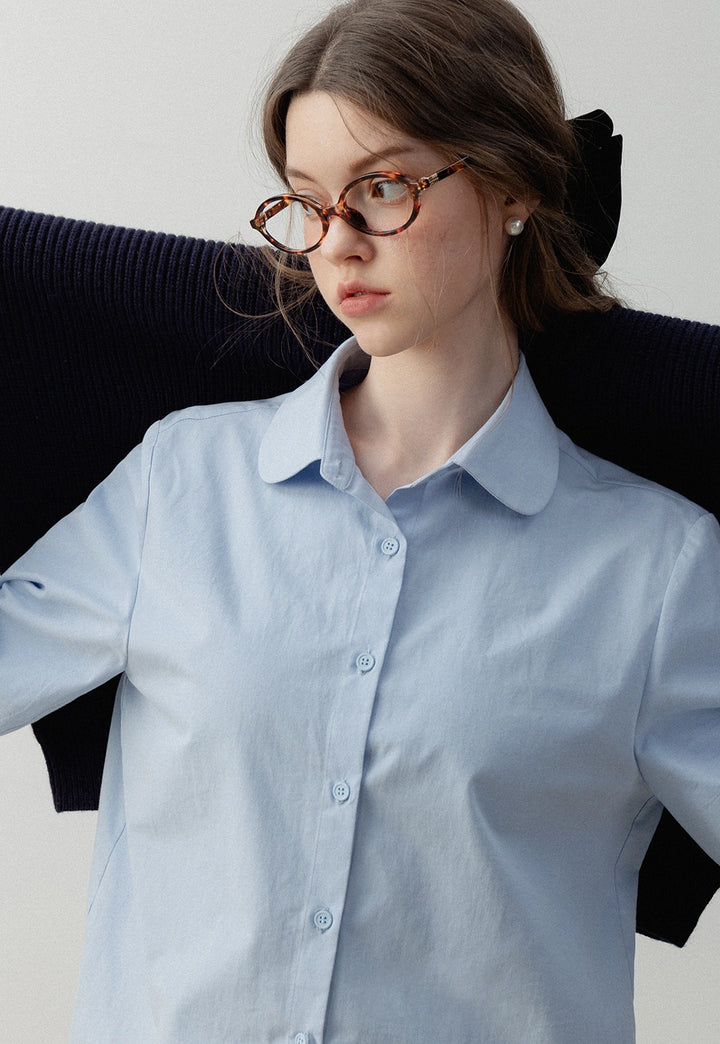 Women's Blue Long-Sleeve Button-Up Shirt with Peter Pan Collar