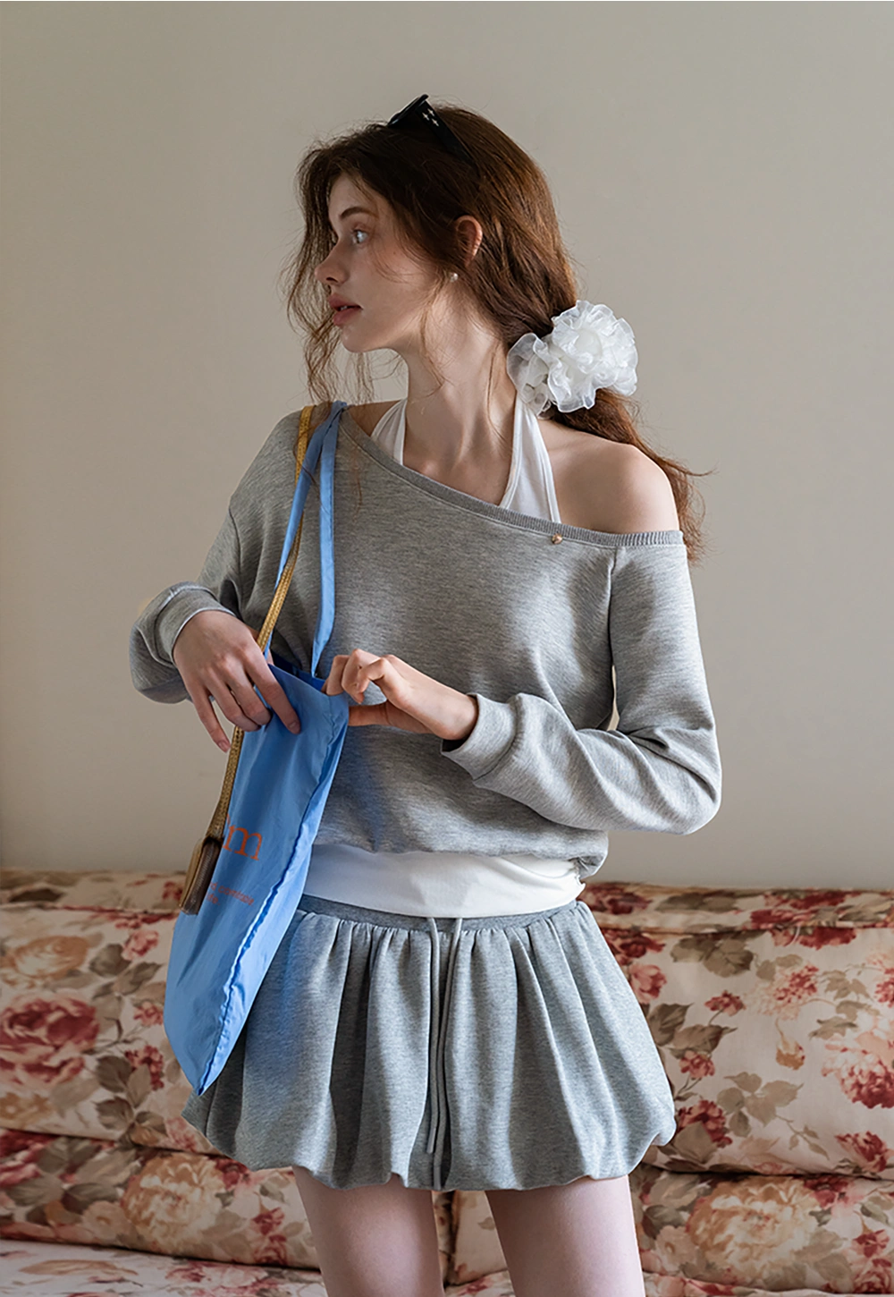 Off-Shoulder Sweatshirt with Built-in Tank Top