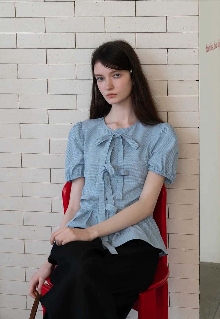 Charming Gingham Puff Sleeve Bowknot Blouse