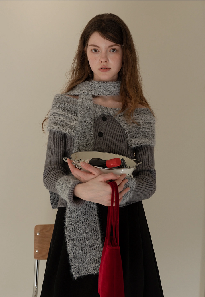 Women’s Off-Shoulder Plush Sweater with Scarf and Turn-Down Collar