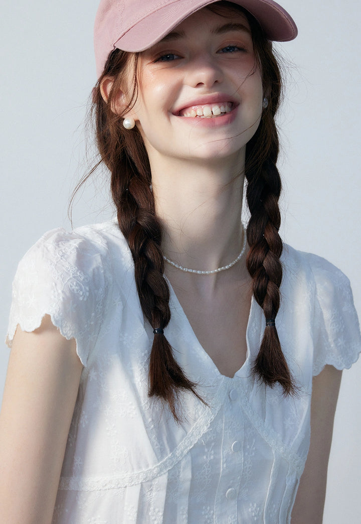 Vestido de manga corta con cuello en V y detalle de encaje para mujer