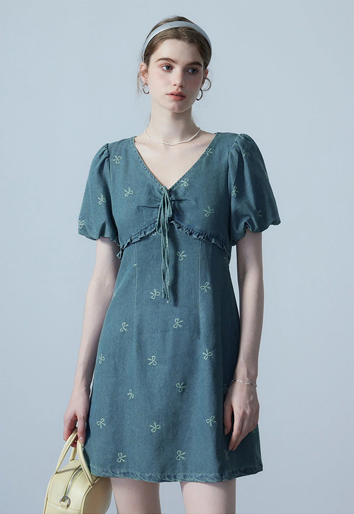 Embroidered Bow Denim Dress