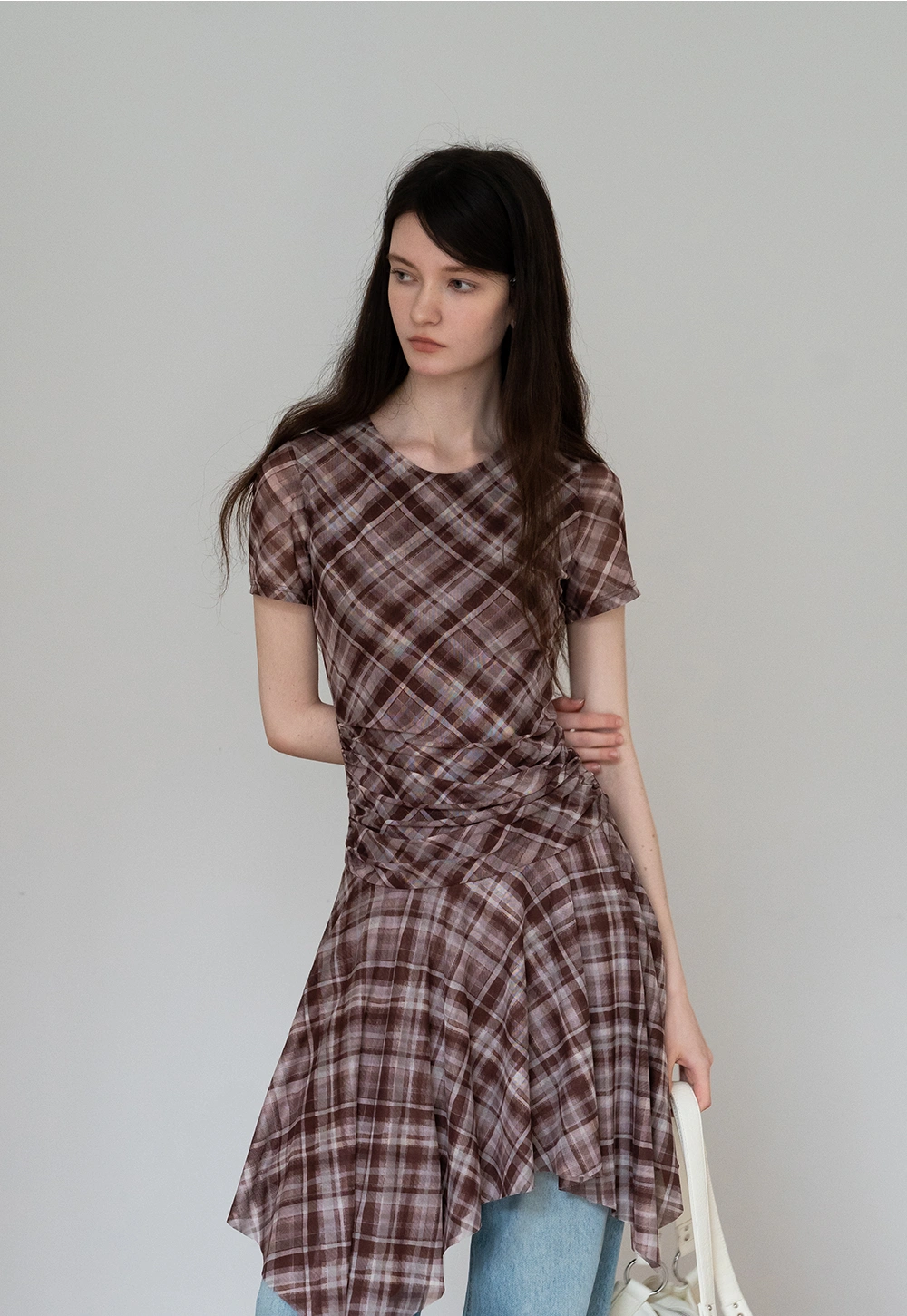 Crew Neck Plaid Ruched Midi Dress