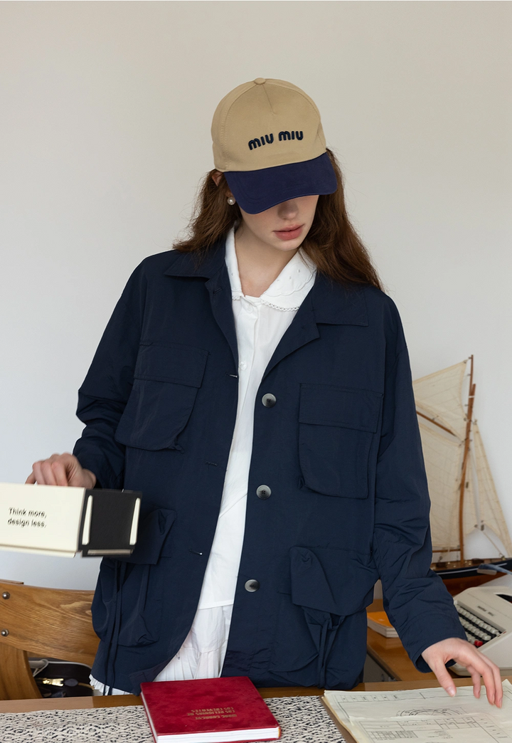 Utility-Inspired Navy Jacket with Drawstring Pockets