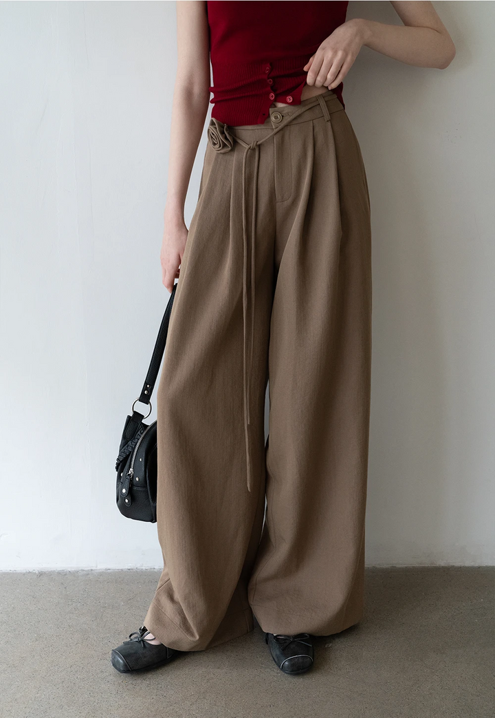 Elegant Draped Loose Casual Pants with Floral Belt Accent