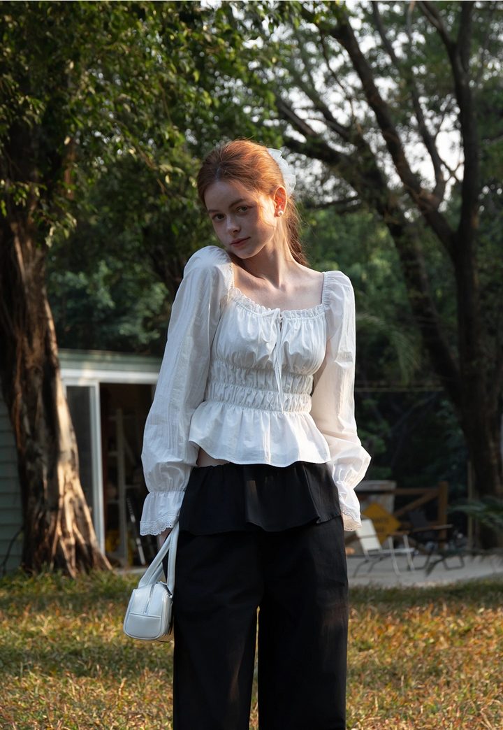 Women’s White Shirred Tie-Front Blouse