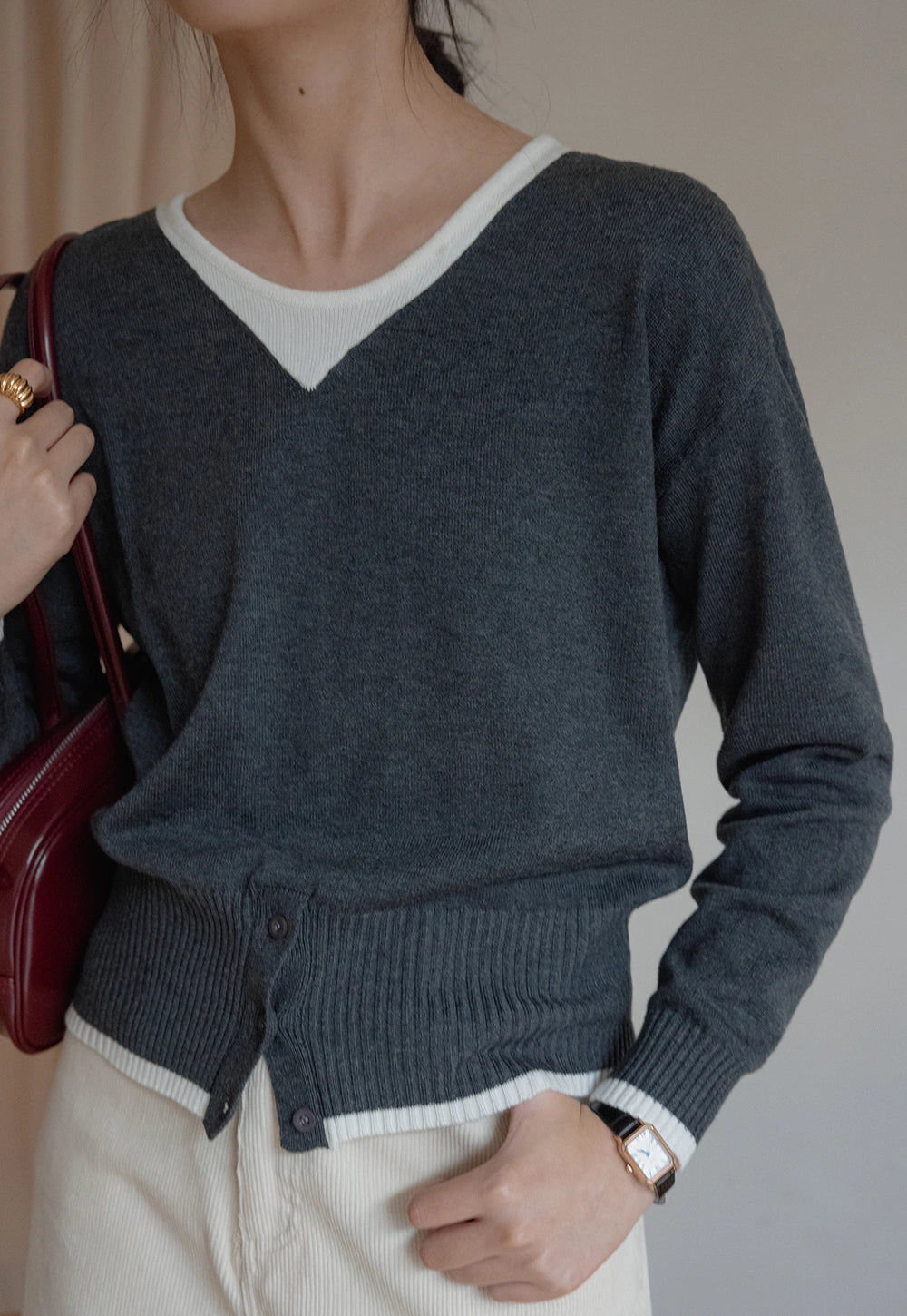 Two-Tone V-Neck Knit Sweater