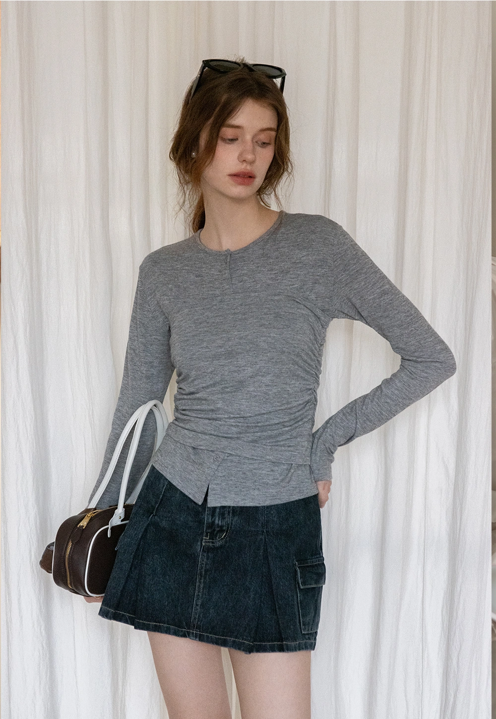 Denim Pleated Skirt with Cargo Pockets