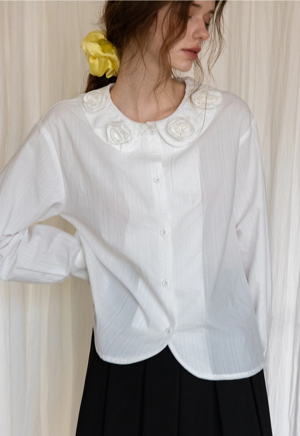 White Button-Up Blouse with Floral Embellished Collar