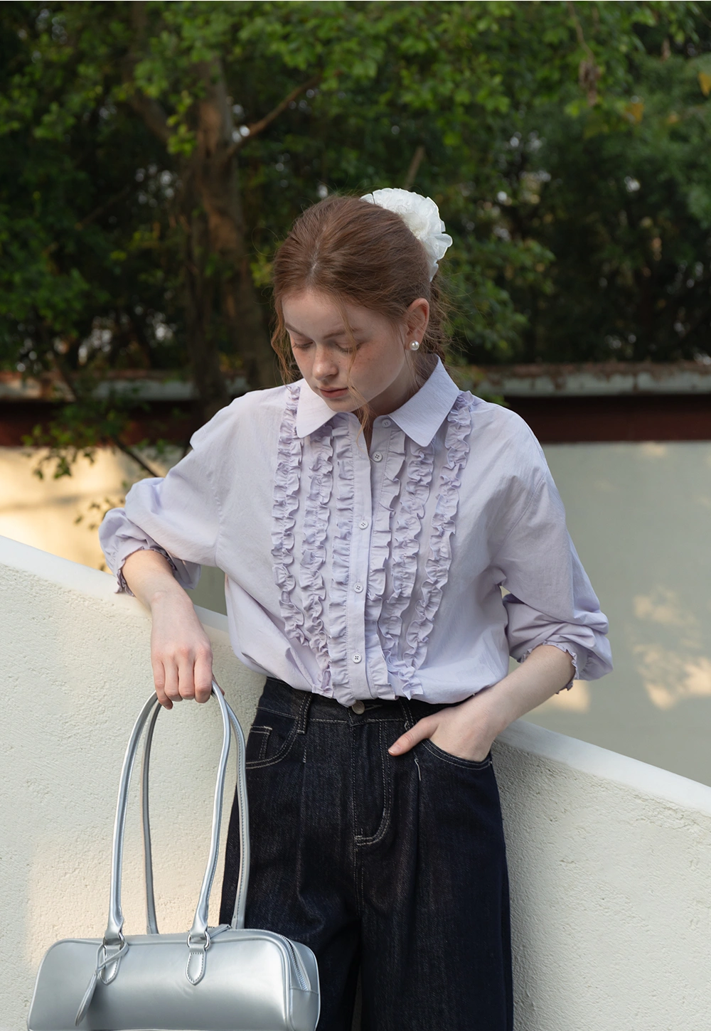 Women’s Lavender Ruffle-Front Button-Up Blouse