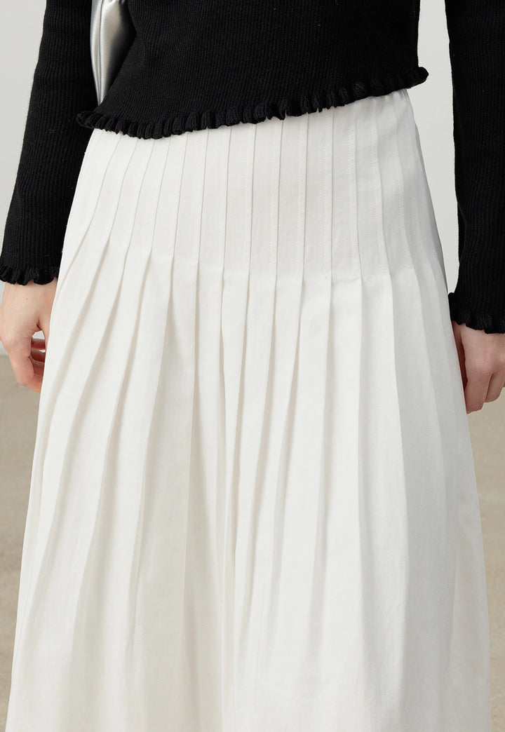 White Pleated A-Line Midi Skirt