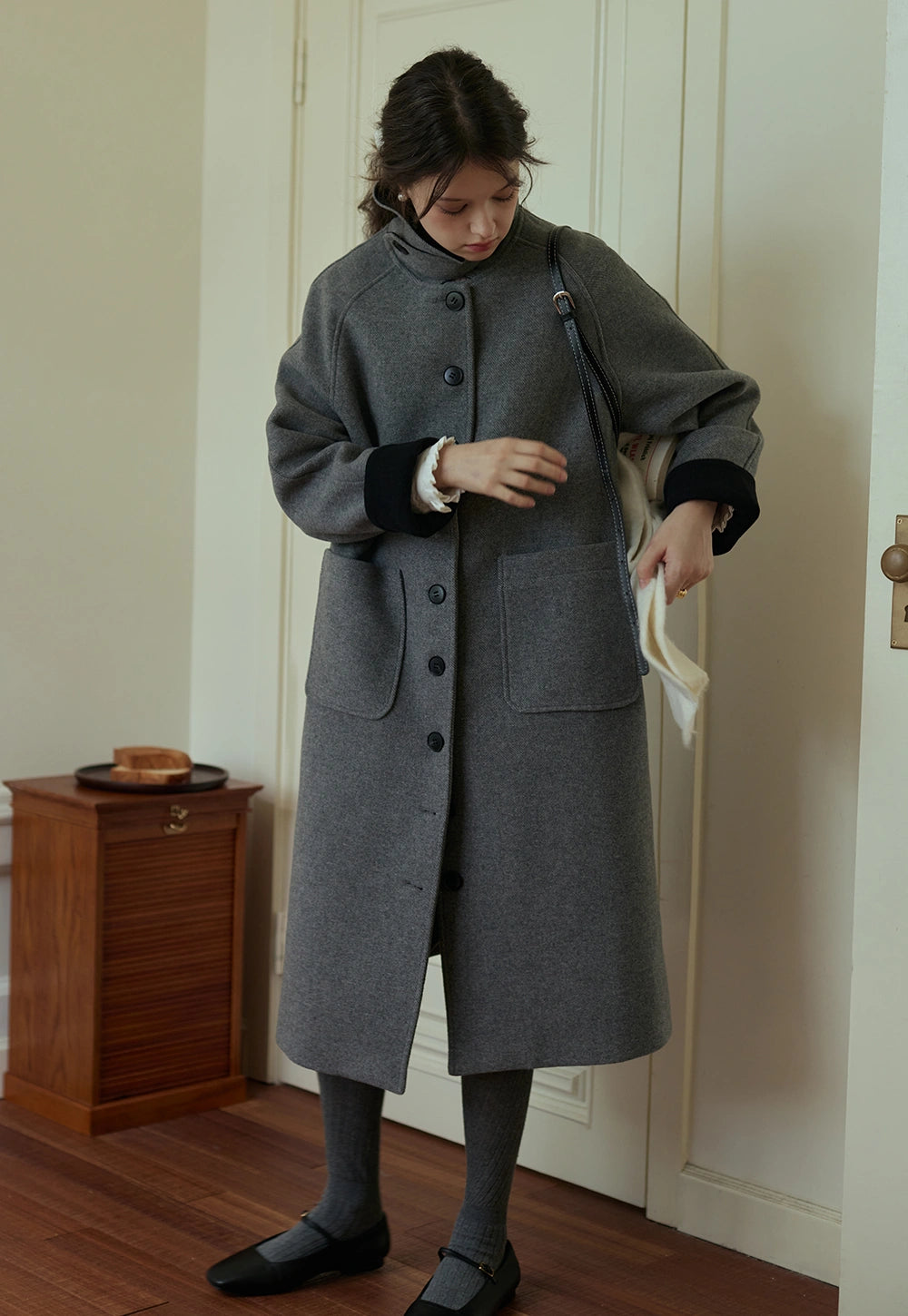 Women's Long Wool Coat with Button Closure