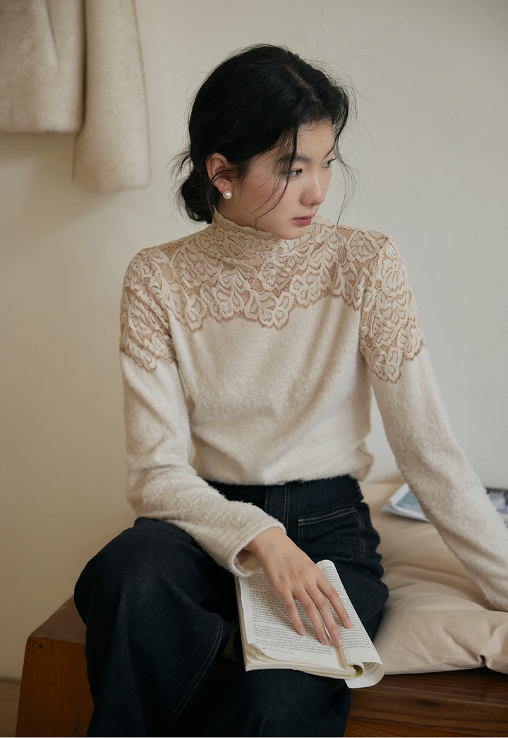 Lace Detail Mock Neck Sweater