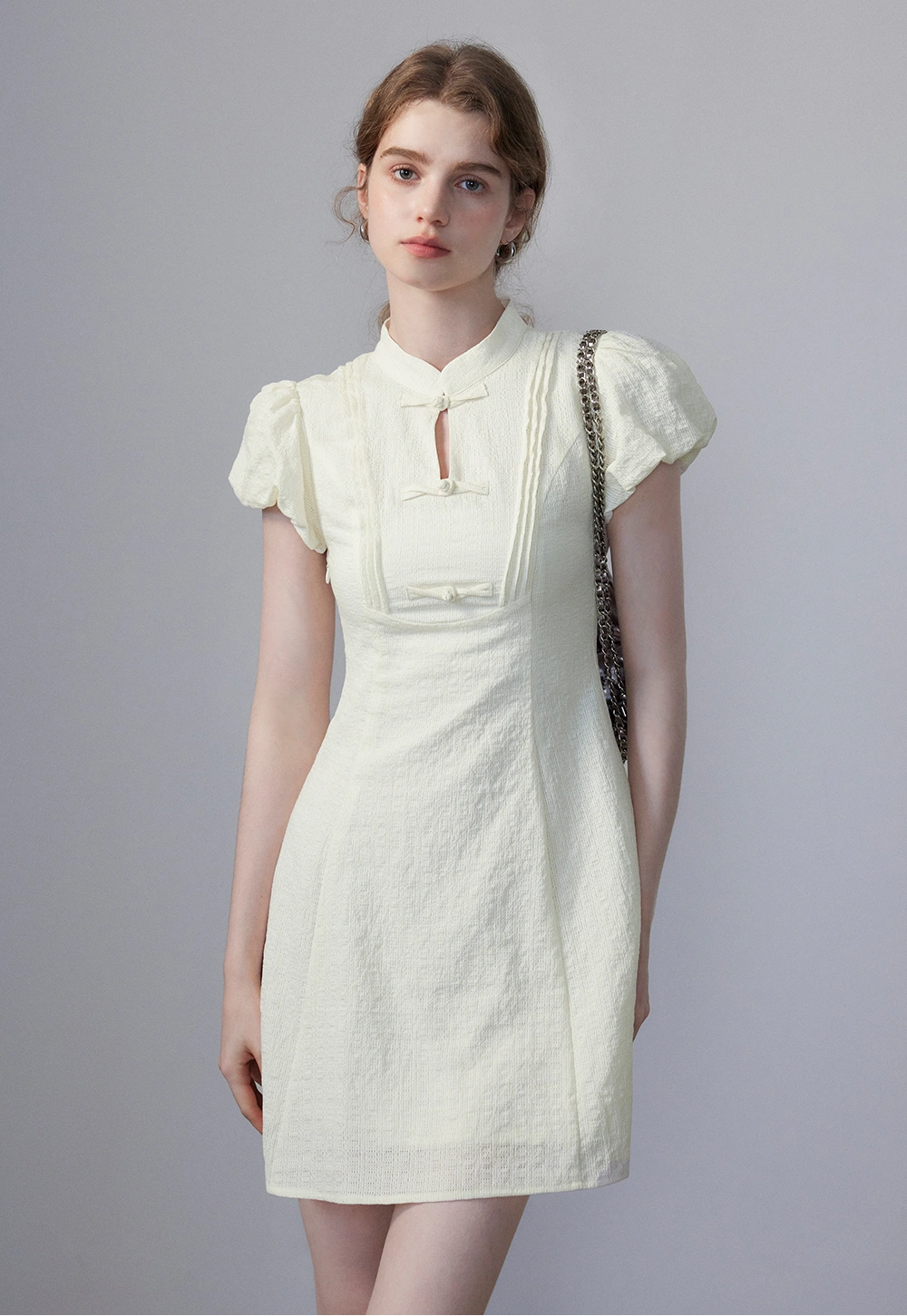 Women's Short-Sleeve Textured Dress with Knot Buttons