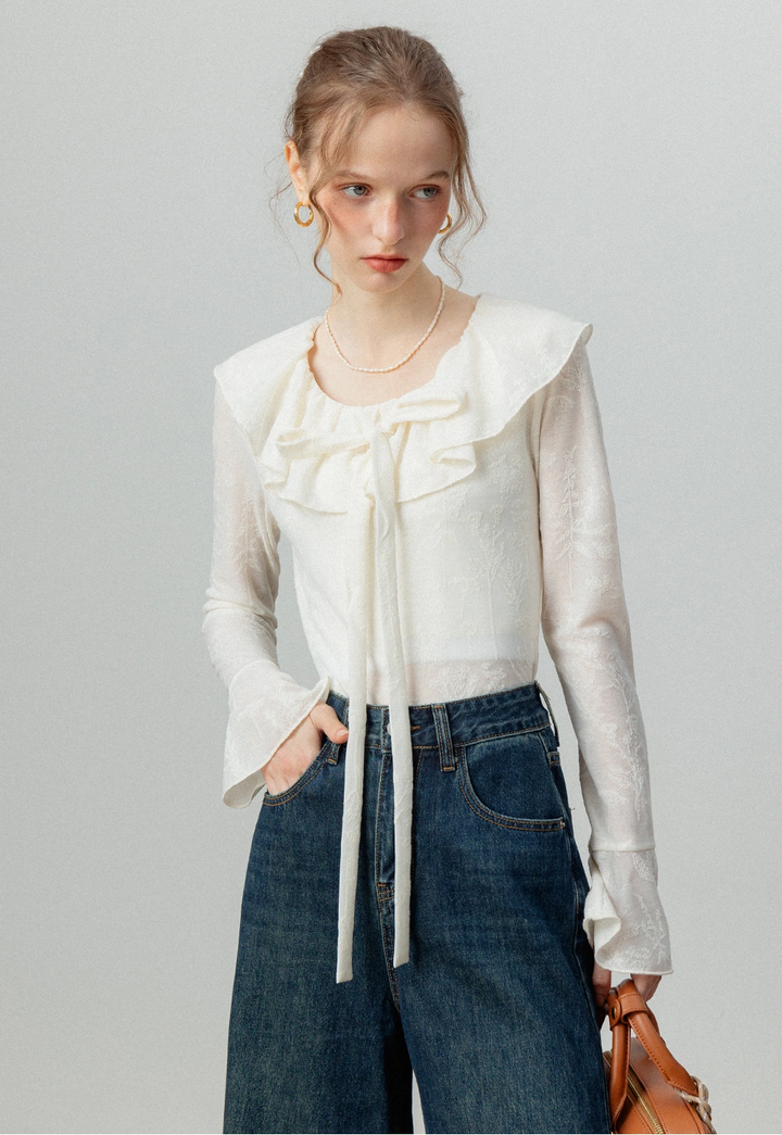 Ruffled Collar Jacquard Blouse with Tie Front