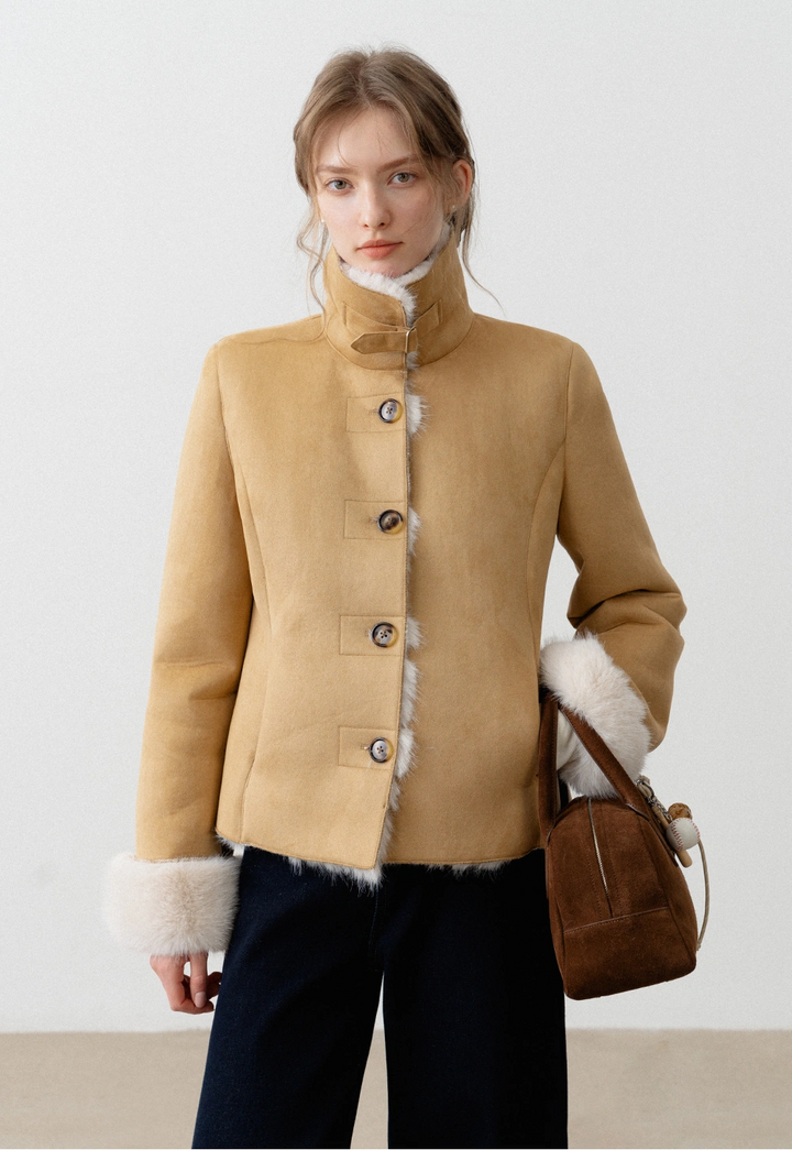 Women's Faux Suede Jacket with Faux Fur Trim