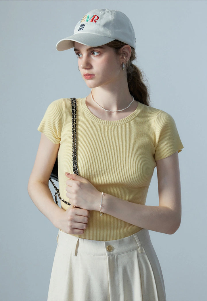 Women's Light Yellow Ribbed Knit T-Shirt