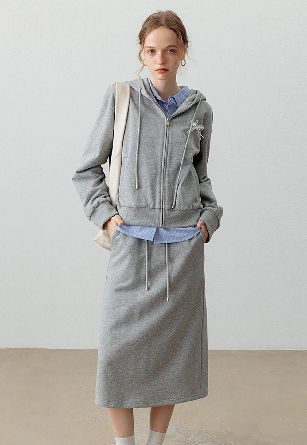 Women's Casual Zip-Up Hoodie and Drawstring Skirt Set