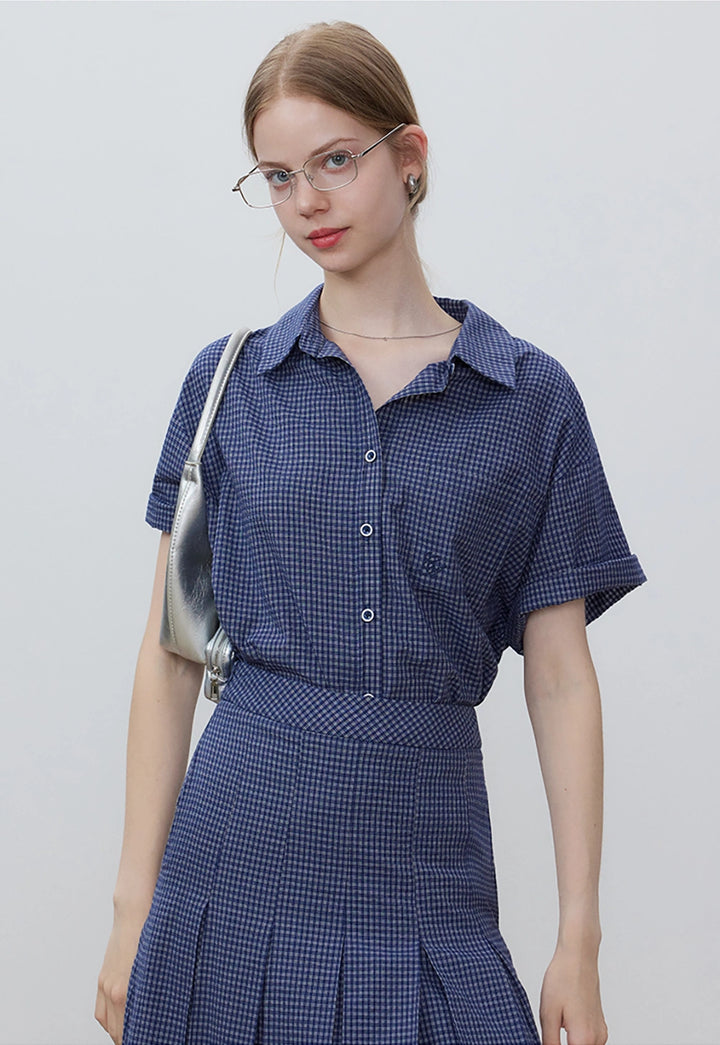 Women's Gingham Short Sleeve Shirt and Pleated Skirt Set