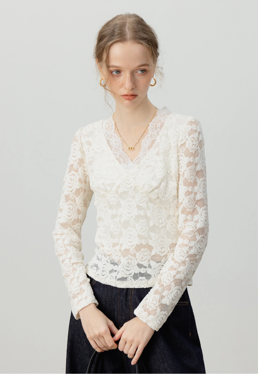 V-Neck Floral Lace Long-Sleeve Top