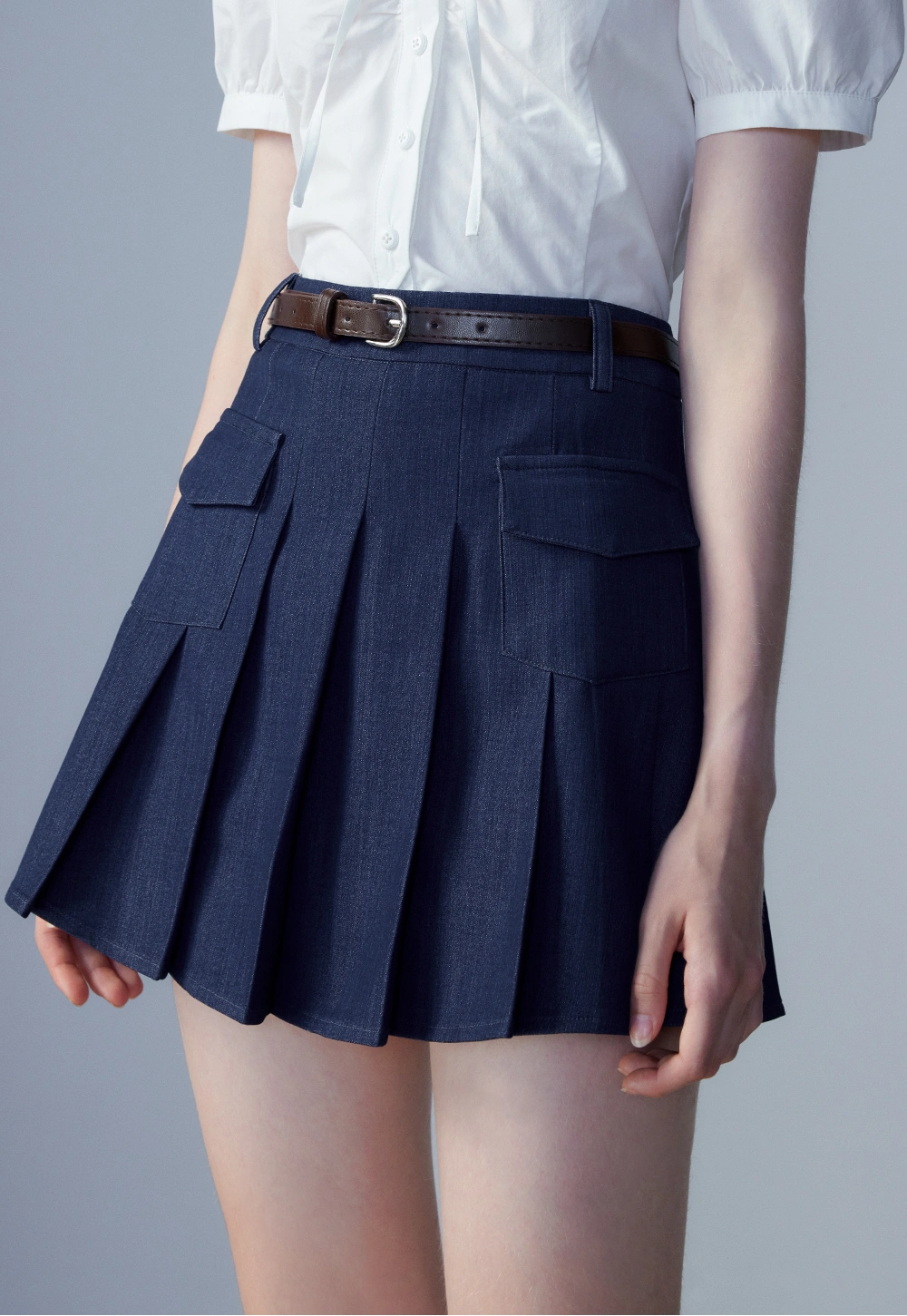 Women's Denim Pleated Skirt with Pockets