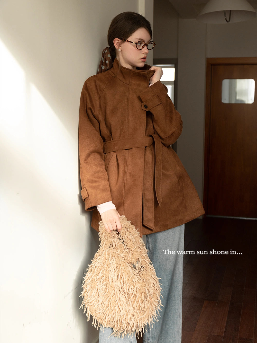 Women's Faux Suede Oversized Jacket with Tie-Detail Sleeves