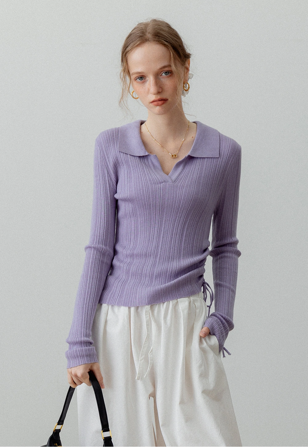 Women's Ribbed Long Sleeve Knit Polo Collar Top