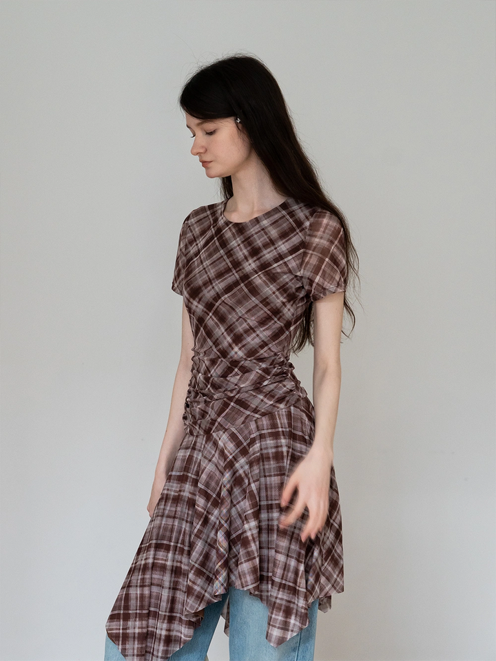 Crew Neck Plaid Ruched Midi Dress