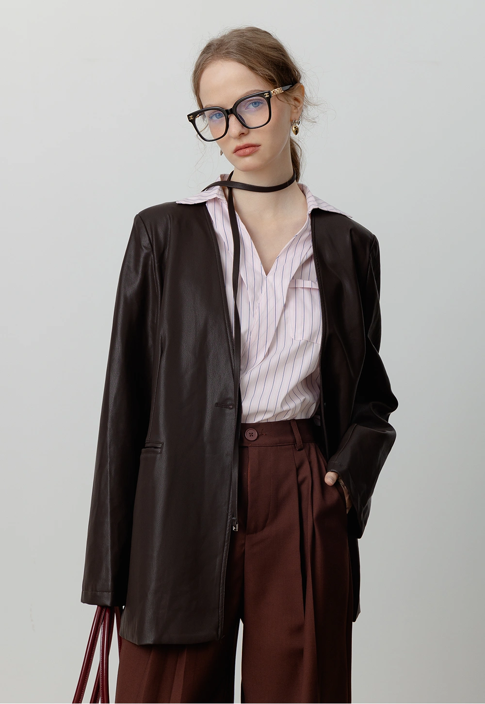 Women's Collarless Faux Leather Blazer