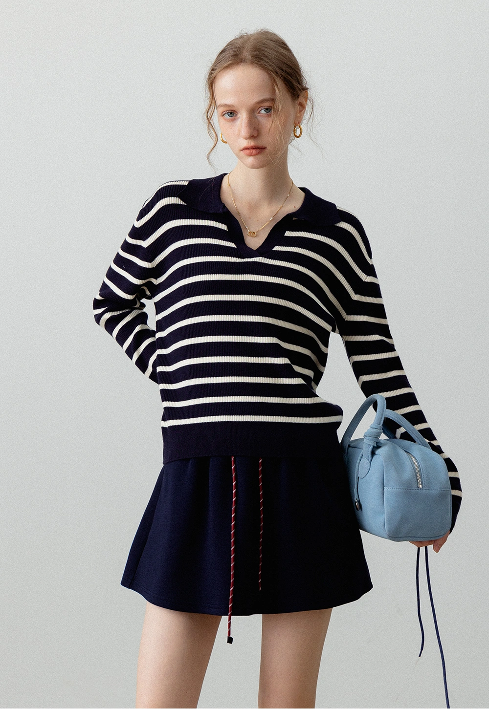 Women's Striped V-Neck Ribbed Knit Sweater