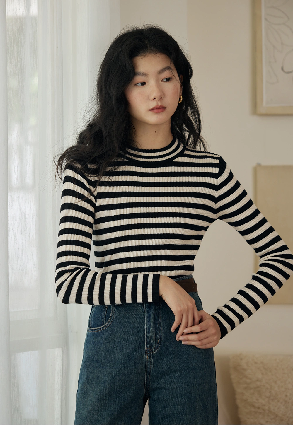 Women's Striped Long-Sleeve Mock Neck Ribbed Knit Top