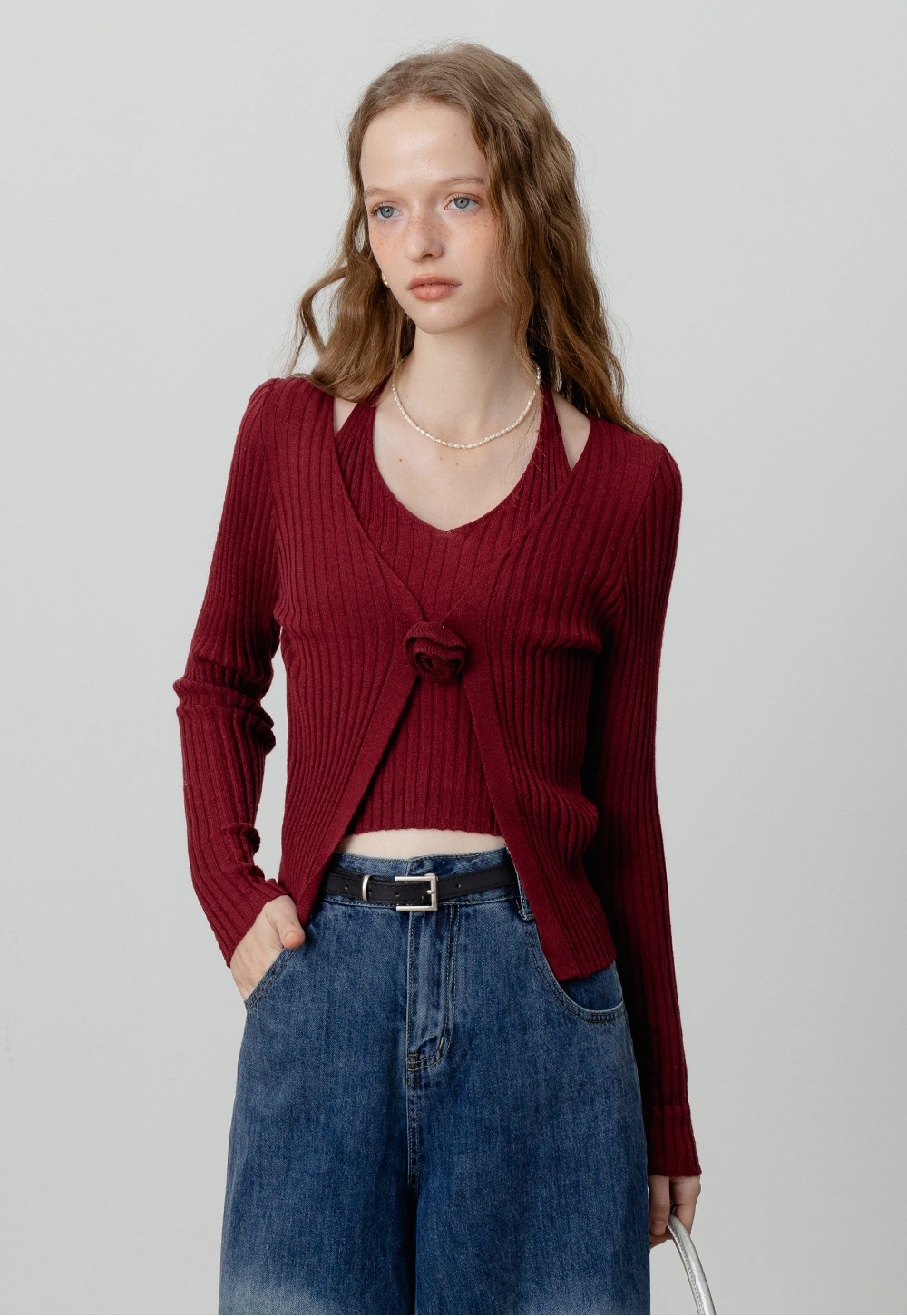 Ribbed Knit Cardigan with Halter Neck