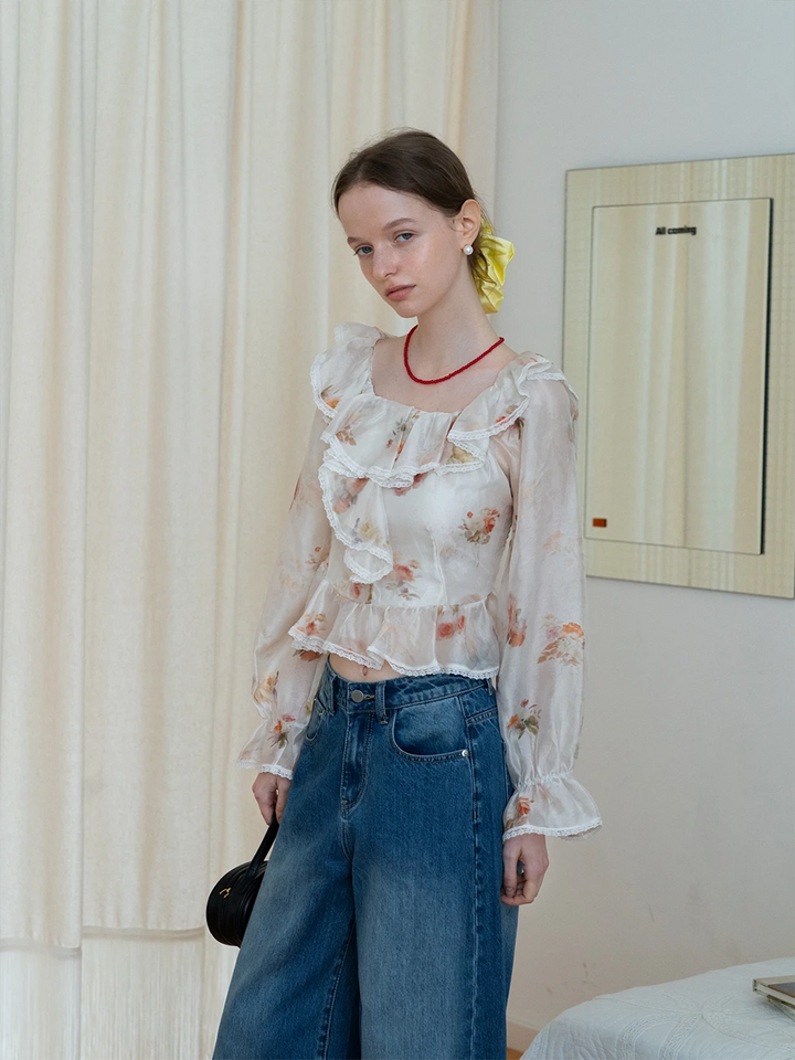 Floral Off-Shoulder Ruffle Blouse with Lace Trim