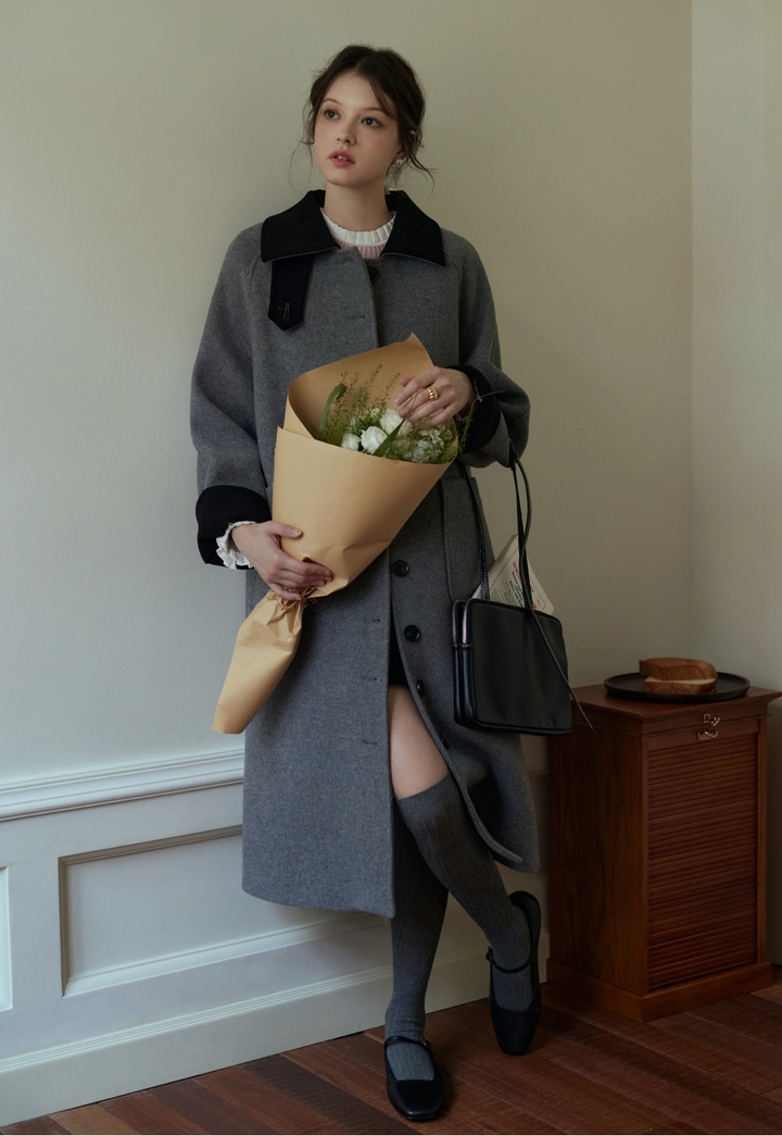 Women's Long Wool Coat with Button Closure