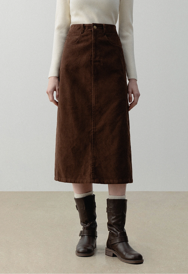 Women's High-Waist Corduroy Midi Skirt