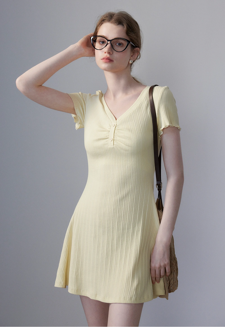 Women's Short-Sleeve Ribbed Dress with Button Detail